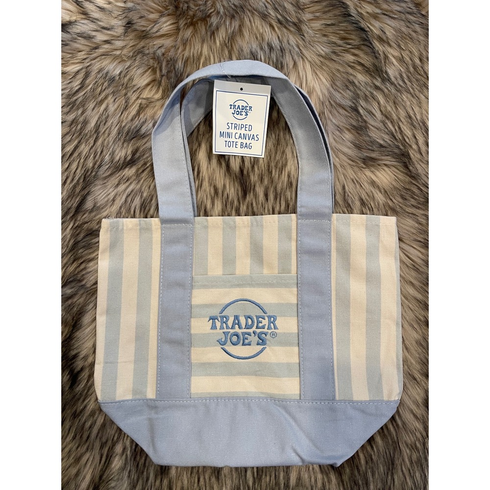 Trader Joe's Striped Mini Canvas Tote Bag Beige Blue Summer 2026  New